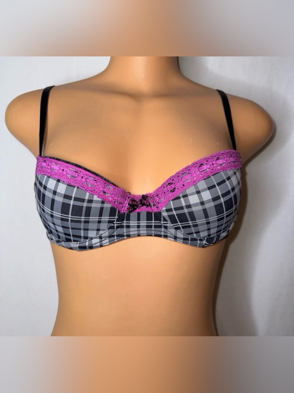 Plaid Underwire Bra with Pink Lace Trim
